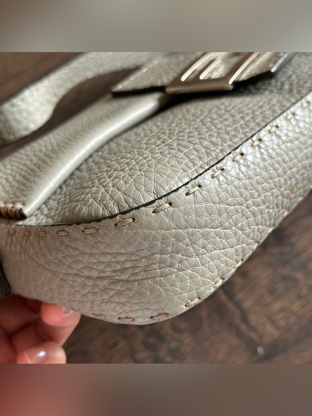 Fendi Mama Selleria Baguette Gray Grained Leather Stitch Shoulder Bag - Picture 5 of 15